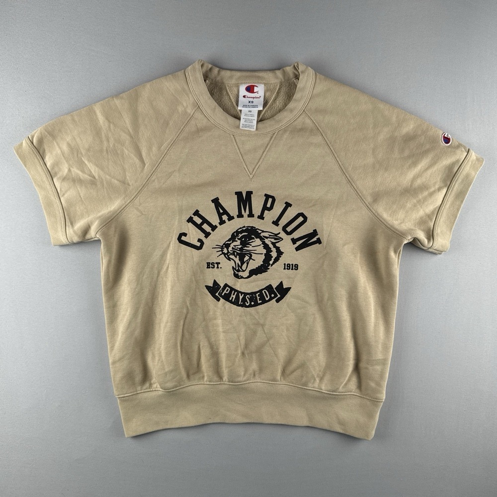 Champion Cropped Sweatshirt XS Beige Short Sleeve Womens Crewneck Phys Ed
